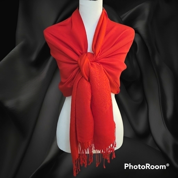 PASHMINA Silk Pashmina Red Paisley Fringe Valentine's Shawl Wrap - Picture 1 of 11